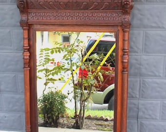 French Antique Dark Oak Mirror | Renaissance Style Carved Wall Frame