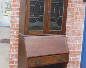 English Antique Mahogany Art & Craft Leaded Glass Secretary Desk / Bookcase