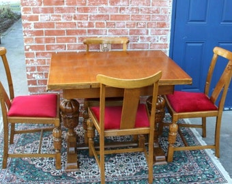 English Antique Oak Art Deco Draw Leaf Table And 4 Chairs | Dining Sets