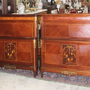 Pair French Louis XVI Inlaid Twin Beds | Antique Mahogany Brass Mounts