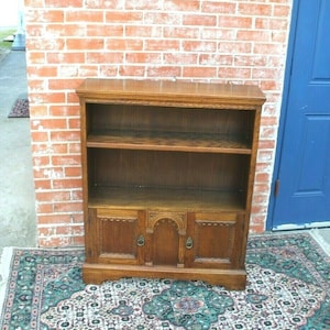 English Antique Oak Bevan Funnell Bookcase | Gothic Carved Cabinet Storage