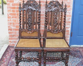 Set of 4 French Antique Renaissance Oak Louis XIII Dining Chairs w/ Cane Seats