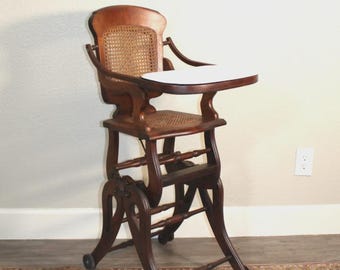 American Antique Oak Child Highchair / Stroller