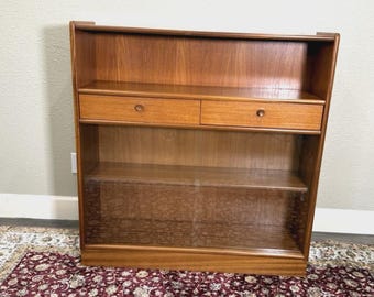Mid Century Modern Teak Bookcase Cabinet, Glass Sliding Doors, 2 Drawer Storage, Danish Modern Display Shelf