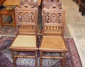 Set of 4 French Antique Renaissance Oak Dining Chairs w/ Cane Seats