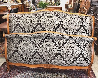 Antique French Louis XV Walnut Upholstered Bed, Full Size, Silver & Black Damask, Newly Upholstered