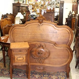 French Antique Carved Oak Louis XV Full Size Bed & Nightstand | Bedroom Furniture Set