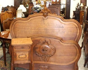 French Antique Carved Oak Louis XV Full Size Bed & Nightstand | Bedroom Furniture Set