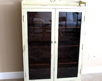 White Arts & Crafts Antique Bookcase | Painted Glass Door Display Cabinet