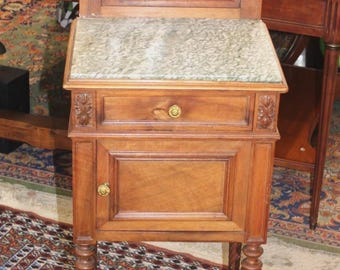 French Louis XVI Antique Walnut Nightstand, Marble Top Bedside Cabinet with Crown