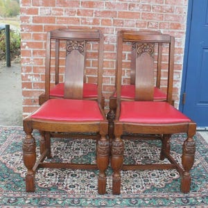 Set of 4 English Antique Oak Art Deco Dining Chairs | Red Vinyl Seats ~ 1930s