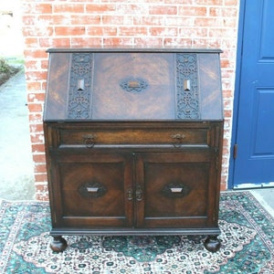 English Antique Oak Jacobean Front Drop Desk | Home Office
