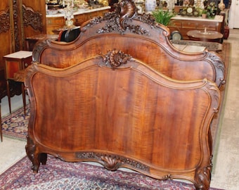 Antique French Louis XV Dark Walnut Bed, Hand Carved Full Size Bed Frame, Provincial Bedroom Furniture