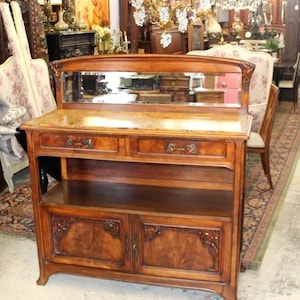 French Antique Burled Walnut Art Nouveau Marble Top Server Cabinet Sideboard