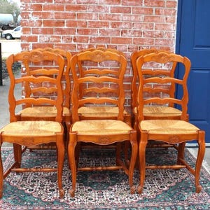 Set of 6 French Louis XV Oak Dining Chairs | Antique Rush Seats & Carving