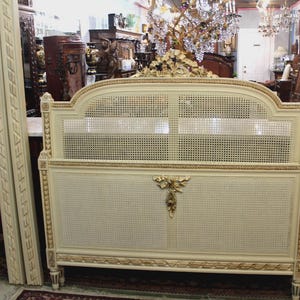 French Antique Painted White Louis XVI Cane Queen Bed