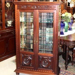 French Antique Mahogany Display Cabinet | 4 Glass Shelves Curio Vitrine