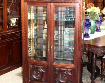 French Antique Mahogany Display Cabinet | 4 Glass Shelves Curio Vitrine