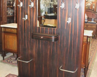 French Antique Ebony Macassar Art Deco Hall Tree | Coat Rack with Mirror Hooks