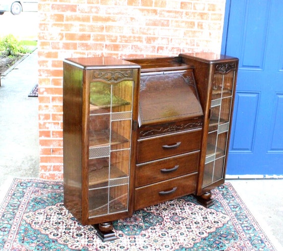 English Antique Art Deco Leaded Glass Side by Side Drop Front Desk