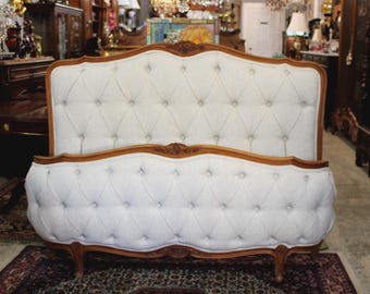 Antique French Louis XV Oak Full Size Bed New Linen Fabric Upholstered