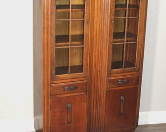 French Oak Glass Doors Bookcase / Display Cabinet
