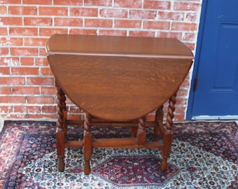 English Antique Oak Barley Twist Jacobean Drop Leaf Table