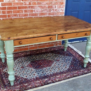 English Antique Pine Desk Table w/ 2 Drawers & Turned Legs – Rustic Charm