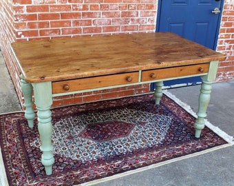 English Antique Pine Desk Table w/ 2 Drawers & Turned Legs – Rustic Charm