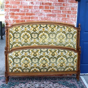 French Antique Louis XVI Full Size Bed | Upholstered Frame | Carved Details