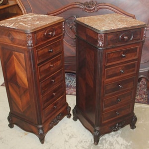 Pair of French Antique Louis XV Rosewood Nightstands w/ Marble Tops