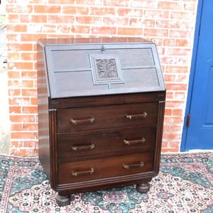 English Antique Oak Art Deco Drop Front Desk with 3 Drawers & Carved Detail