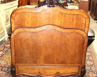 French Antique Louis XV 3/4 Bed Rosewood & Maple Carved Frame w/ Rails