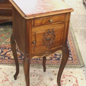 French Antique Louis XV Walnut Nightstand w/ Marble Top & Carved Details