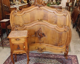 Antique French Louis XV Solid Walnut Bed & Nightstand, Hand Carved Full Size Bedroom Set