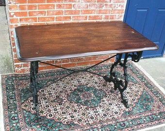 English Antique Oak Top Table | Cast Iron Base Writing Desk Industrial Style
