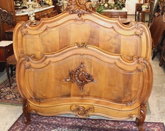 Antique French Louis XV Solid Walnut Bed, Hand Carved Full Size Bed Frame, Provincial Bedroom Furniture
