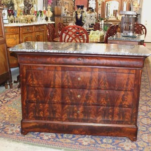 French Louis Philippe Chest | Flamed Mahogany Marble Top Sideboard Cabinet
