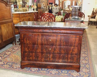 French Louis Philippe Chest | Flamed Mahogany Marble Top Sideboard Cabinet