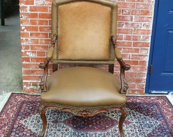 Leather Upholstered Louis XV Armchair Carved Mahogany Living Room Accent