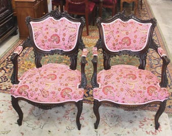 Pair Louis XV Carved Walnut Arm Chairs | Pink Upholstered French Antique Set