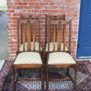 Set of 4 Antique Oak Barley Twist Jacobean Dining Chairs with New Upholstery