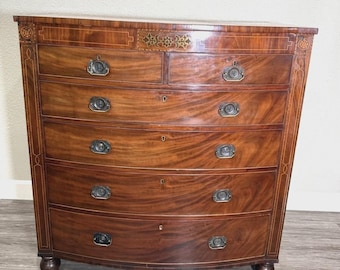 Antique English Inlaid Mahogany Chest of Drawers, 6 Drawer Dresser, Edwardian Highboy, Vintage Bedroom Furniture