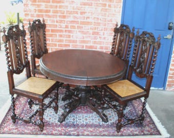 French Antique Oak Louis XIII Dining Room Set Table & 4 Chairs w/ Cane Seats
