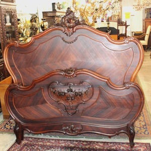 French Antique Louis XV Rosewood Queen Bed | Carved Rococo Style