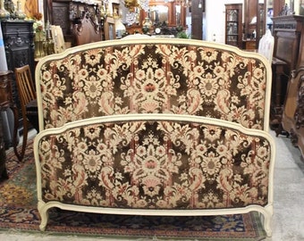 French Antique Louis XV Upholstered Full Size Bed with Rails & Slats c.1900