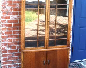 English Antique Oak Bookcase Cabinet | Glass Doors | Display Storage c.1900