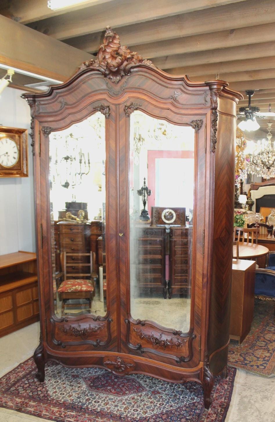 French Antique Louis XV Rosewood Armoire | 2 Door Mirror Wardrobe