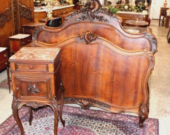 Antique French Louis XV Dark Walnut Bed & Nightstand, Hand Carved Full Size Bedroom Set