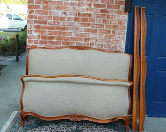 Antique Walnut Louis XV French Full Size Bed | New Upholstery | Carved Details